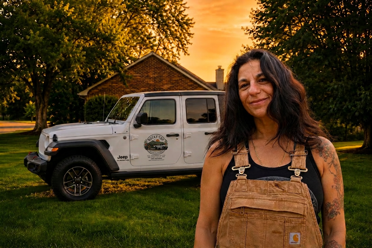 Raina Sabellico in front of her Rocky-Top Maintenance Jeep at sunset