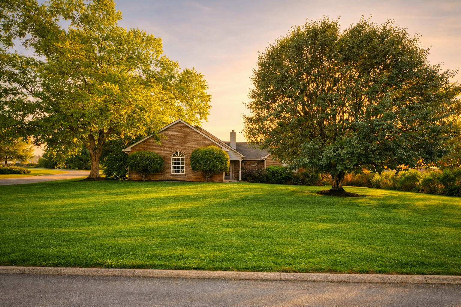 Lush landscaped East Tennessee yard at golden hour
